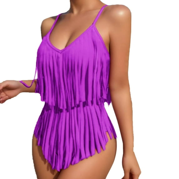 Women's Trendy V-Neck Tassel Fringe High Waist One-Piece Swimsuit Push-Up Padded Bathing Suits Black Monokini Swimwear Purple XL