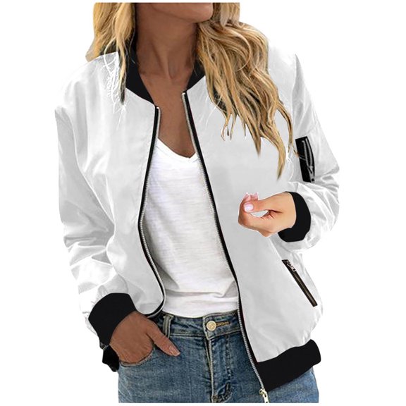 Women’s Trendy Zip Up Bomber Jacket Lightweight Long Sleeve Casual Windbreaker Fall Spring Outerwear Coat with Pockets Solid Color Everyday Jacket,White,XXXL