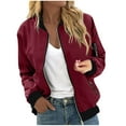thumbnail image 1 of Women’s Trendy Zip Up Bomber Jacket Lightweight Long Sleeve Casual Windbreaker Fall Spring Outerwear Coat with Pockets Solid Color Everyday Jacket,Wine,XXXXL, 1 of 6