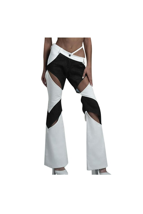 Women's Trendy y2k Cut Out Cargo Pants, Personalized Hippie Streetwear 90s Girls Patchwork Tactical Parachute Pants