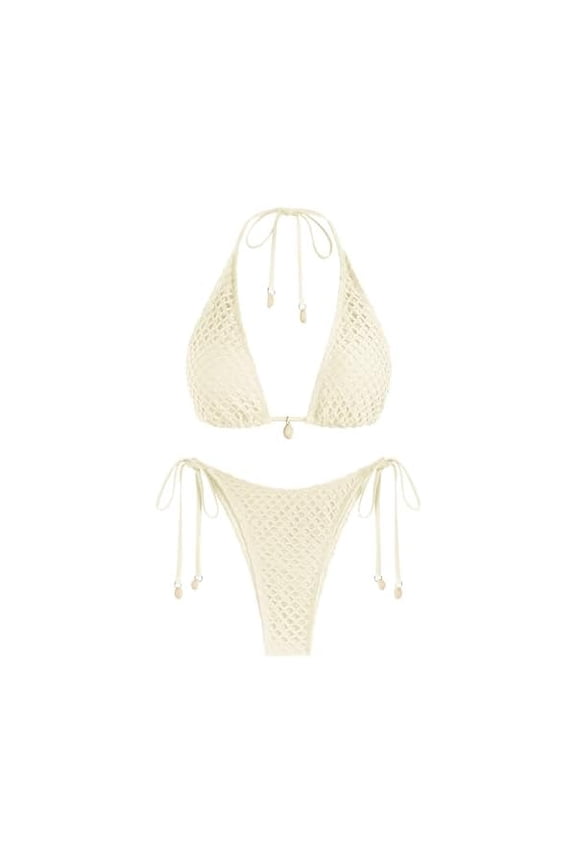 Women's Triangle Bikini Multiway Fishnet Tie Side Bandeau Halter String Bikini Set Two Piece Swimsuit Bathing Suits