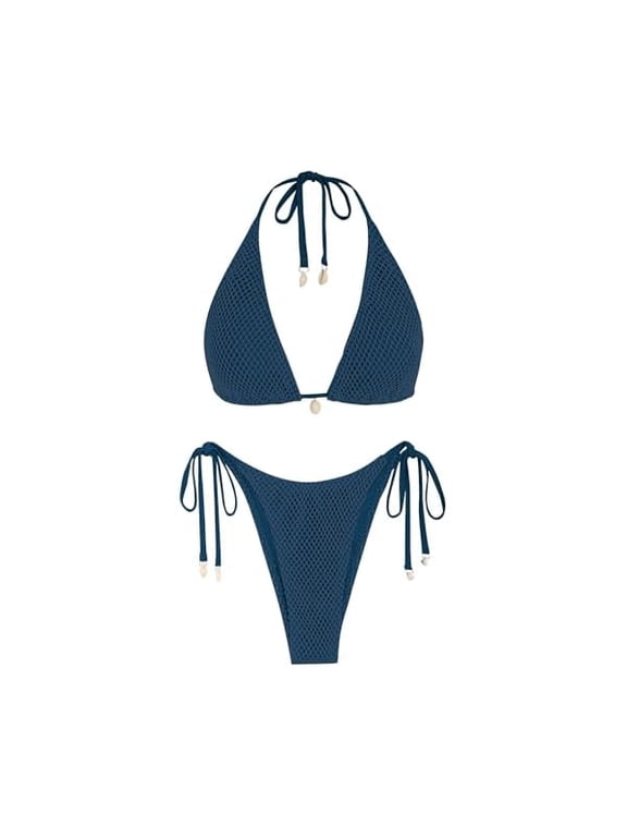 Women's Triangle Bikini Multiway Fishnet Tie Side Bandeau Halter String Bikini Set Two Piece Swimsuit Bathing Suits