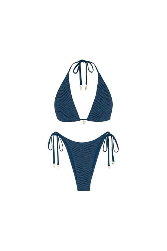 Women's Triangle Bikini Multiway Fishnet Tie Side Bandeau Halter String Bikini Set Two Piece Swimsuit Bathing Suits