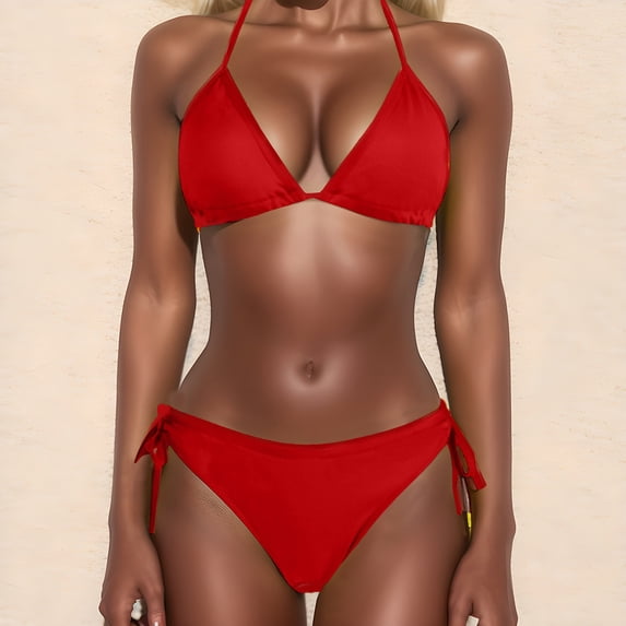Women's Triangle Bikini Set Halter Side Tie Full Coverage Two Piece Swimsuit Summer Beach Pool(Red,S)