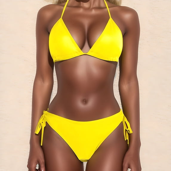 Women's Triangle Bikini Set Halter Side Tie Full Coverage Two Piece Swimsuit Summer Beach Pool(Yellow,M)