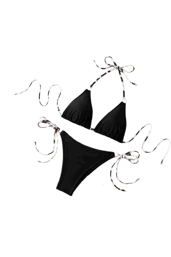 Women's Triangle Bikini Set Halter String Two Piece Swimsuit Brazillian Bathing Suit Cheeky Cute Swimwear (Black,M)