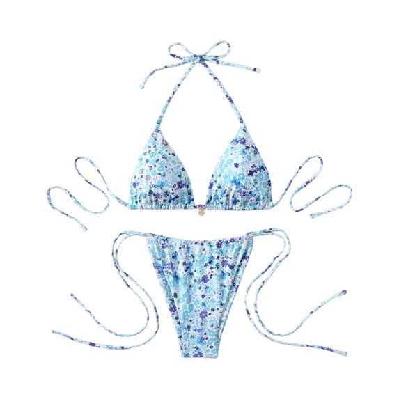 Women's Triangle Bikini Set Halter String Two Piece Swimsuit Brazillian Bathing Suit Cheeky Cute Swimwear (Blue,M)