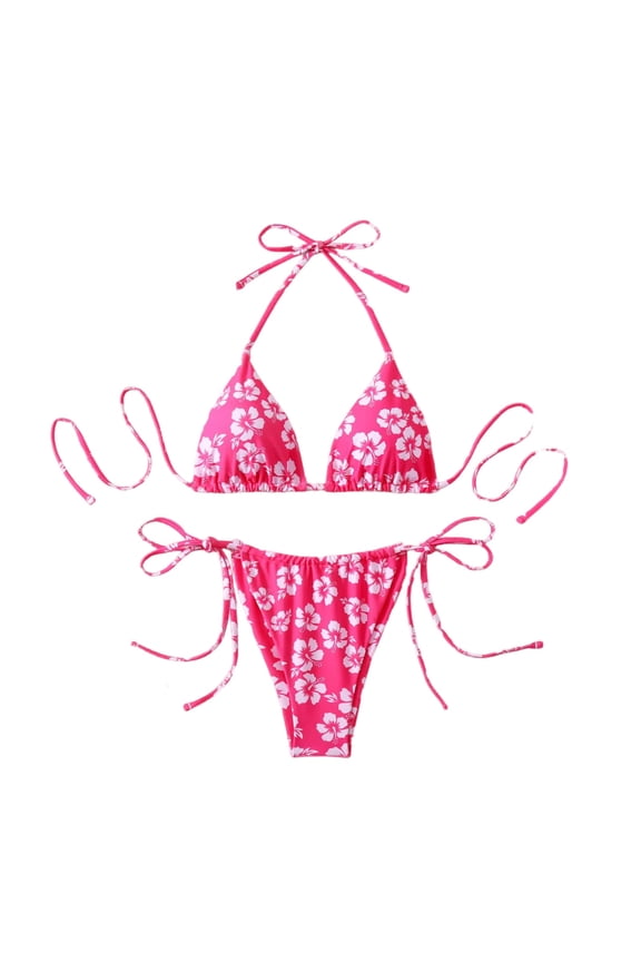 Women's Triangle Bikini Set Halter String Two Piece Swimsuit Brazillian Bathing Suit Cheeky Cute Swimwear (Hot Pink,S)