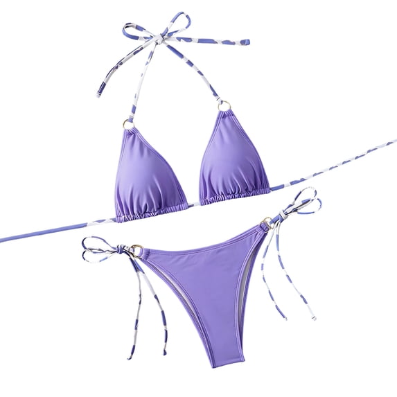 Women's Triangle Bikini Set Halter String Two Piece Swimsuit Brazillian Bathing Suit Cheeky Cute Swimwear (Purple,L)