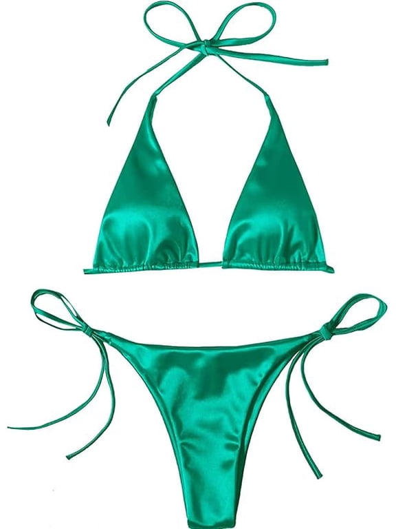 Women’s Triangle Bikini Set Halter Two Piece Swimsuit Solid Color Sexy String Mini Bikini Lingerie Bathing Suit