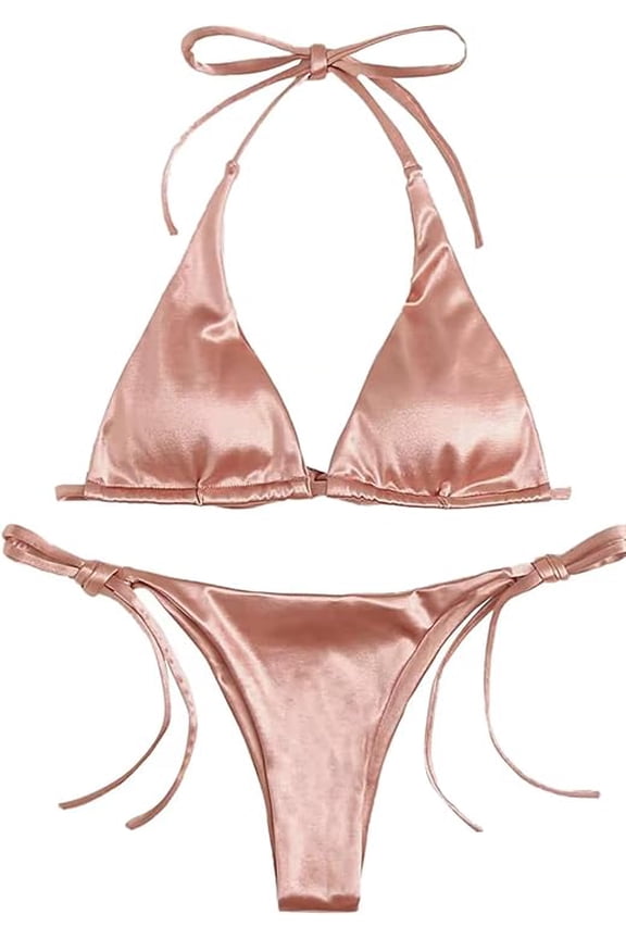 Women’s Triangle Bikini Set Halter Two Piece Swimsuit Solid Color Sexy String Mini Bikini Lingerie Bathing Suit