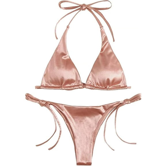 Women’s Triangle Bikini Set Halter Two Piece Swimsuit Solid Color Sexy String Mini Bikini Lingerie Bathing Suit