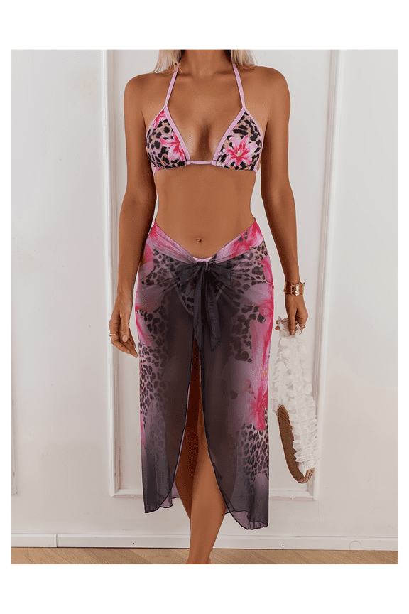 Women's Triangle Bikini Sets, 3 Piece Swimsuits, Floral Print Bathing Suit, O Ring Linked Bikini, Cheeky Swimwear for Women, Summer Beach Pool