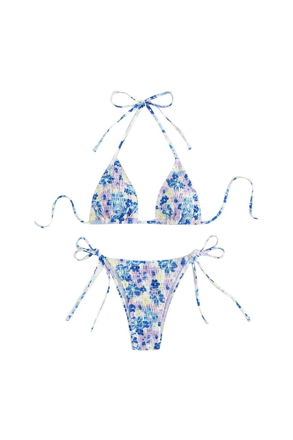 Women's Triangle Bikini Sets Floral Ruched String Swimsuits Two Piece Swimwear Bathing Suits Beachwear