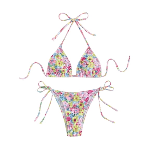 Women's Triangle Bikini Sets Floral Ruched String Swimsuits Two Piece Swimwear Bathing Suits Beachwear