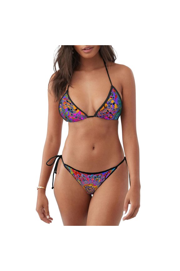 Women's Triangle Bikini Sets Halter String Two Piece Swimsuit Bathing Suits, Indian Tribal Art Colorful