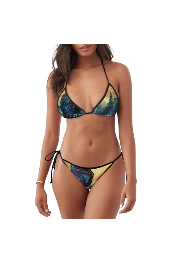 Women's Triangle Bikini Sets Halter String Two Piece Swimsuit Bathing Suits, Raven Moonlight Starry Art
