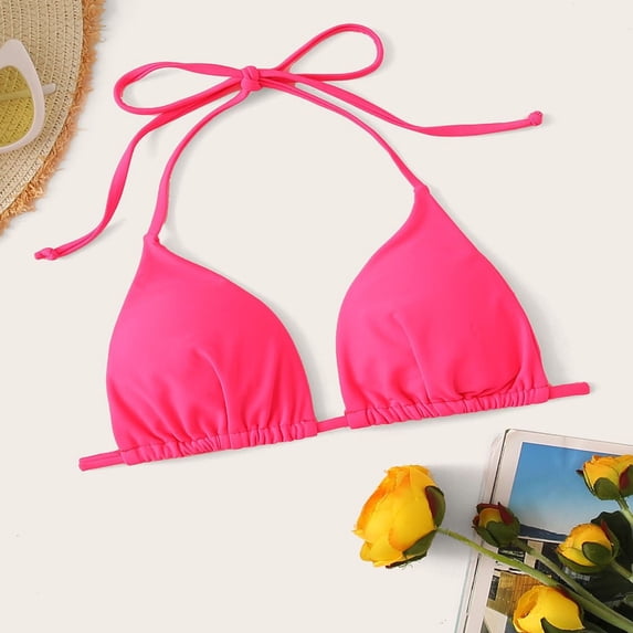 Women's Triangle Bikini Top Solid Color Halter Bathing Suit Top Only (Hot Pink M)