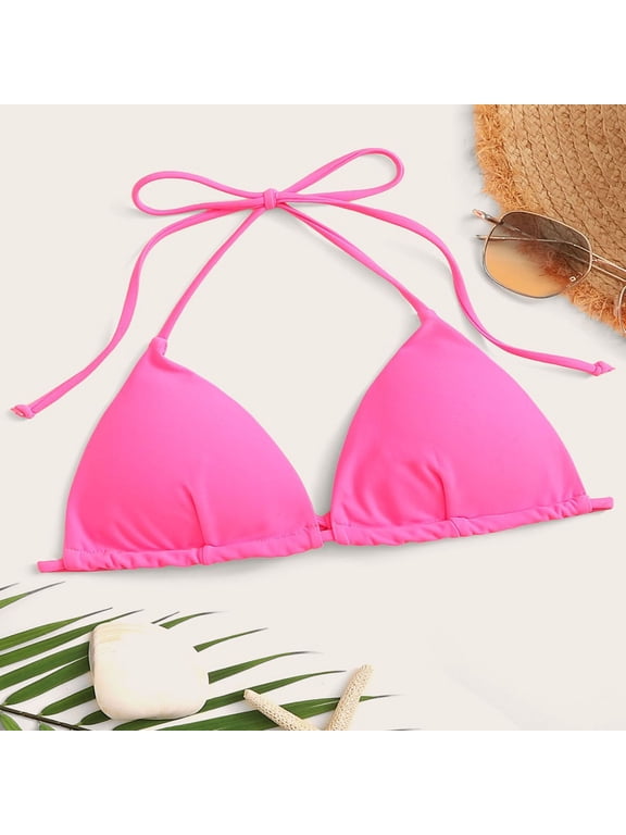 Women's Triangle Bikini Top Solid Color Halter Bathing Suit Top Only (Pink XL)