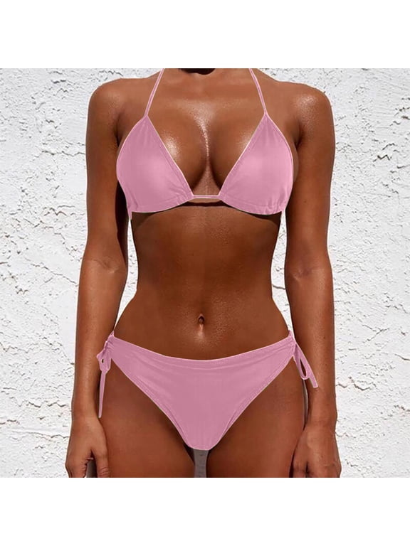 Women's Triangle Bikini Two Piece Halter Tie Side Bathing Suit Adjustable Halter Neck for a Custom Fit Side Ties Elongate Legs and Flatter Hips Pink XL