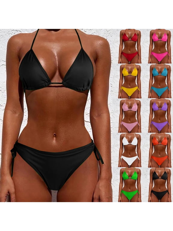 Women's Triangle Bikini Two Piece Halter Tie Side Bathing Suit Adjustable Halter Neck for a Custom Fit Side Ties Elongate Legs and Flatter Hips Yellow XL