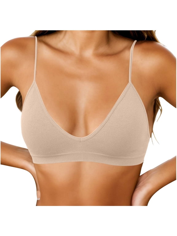 Women's Triangle Bralette Plunge Unlined Seamless Bra No Underwire Comfortable Everyday Bra with Spaghetti Strap (Beige,M)
