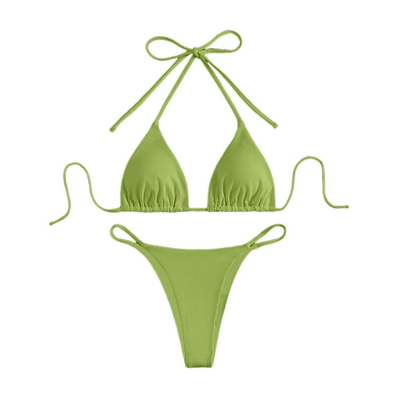 Women's Triangle String Bikini Set Tie Side Two Piece Swimsuit Cute Halter Bathing Suit Green XS