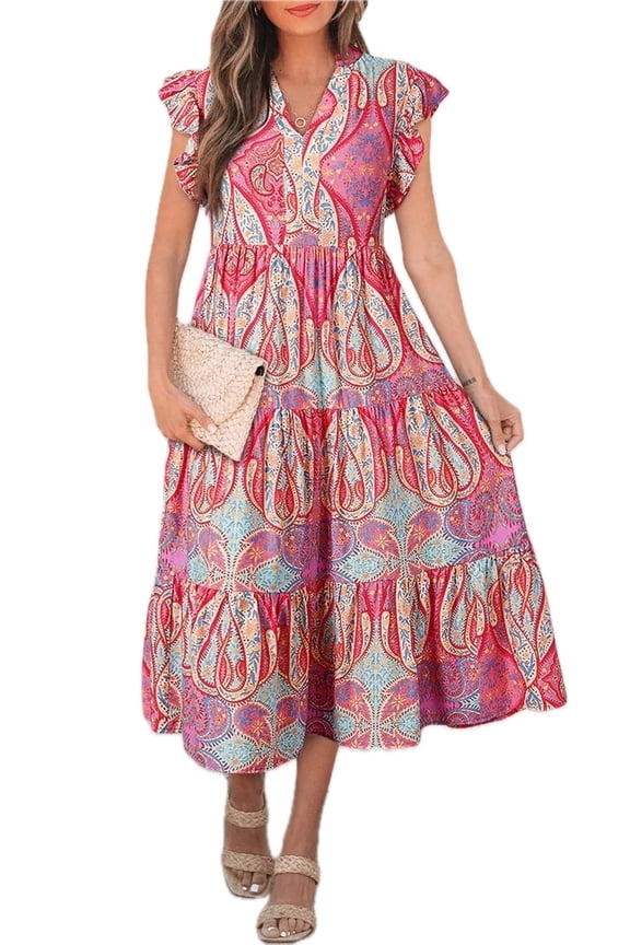 Women's Tribal Paisley Print Midi Dress with Ruffled Sleeve Eighty four percent viscose and sixteen percent polyamide