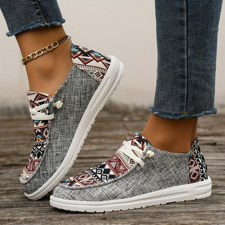 Women s Tribal Pattern Canvas Shoes Casual Round Toe Low Top Flat Sneakers Lightweight Outdoor Walking Shoes Walmart