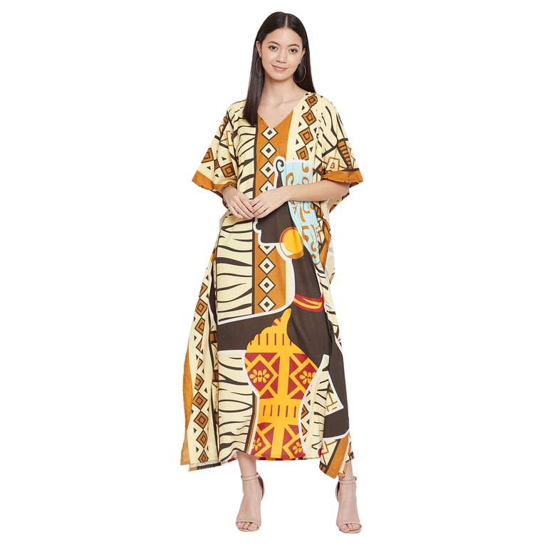ladies gypsy dresses Women's Tribal Print Plus Size Kaftans Dress Polyester Long Maxi Kimono for Casual Nightwear Caftan Online A-line midi slip dress