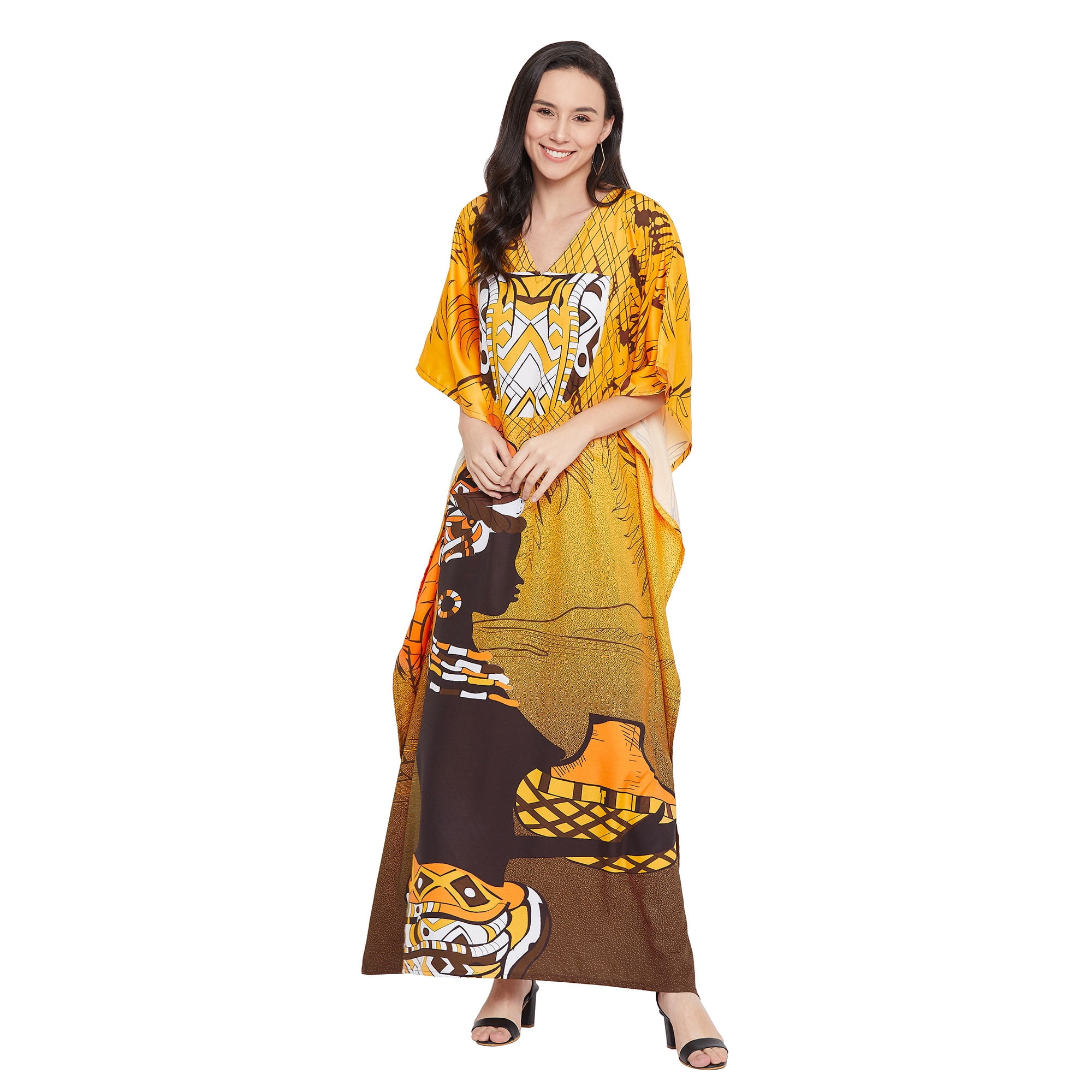 Yellow Tribal Printed Polyester Kaftan For Plus Size Women