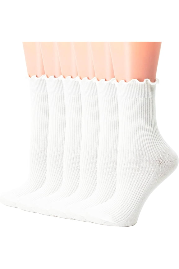 Women's Trim Ruffle Frilly Turn Cuff Socks - Cute Vintage Dress Crew Ankle Boot Socks 6Pairs