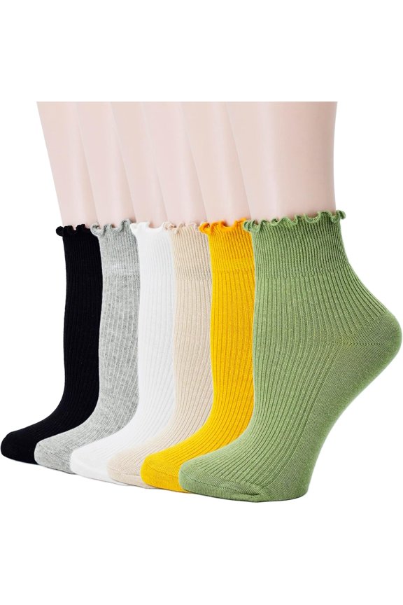 Women's Trim Ruffle Frilly Turn Cuff Socks - Cute Vintage Dress Crew Ankle Boot Socks 6Pairs