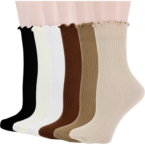 Women's Trim Ruffle Frilly Turn Cuff Socks - Cute Vintage Dress Crew Ankle Boot Socks 6Pairs