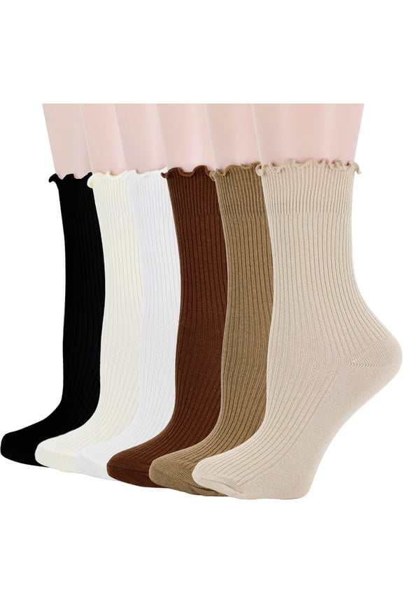Women's Trim Ruffle Frilly Turn Cuff Socks - Cute Vintage Dress Crew Ankle Boot Socks 6Pairs