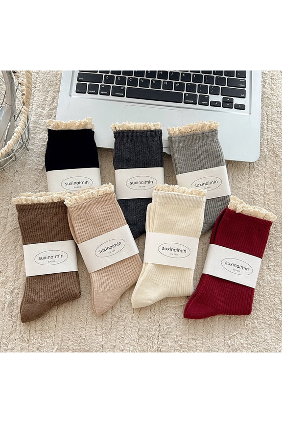 Women's Trim Ruffle Frilly Turn Cuff Socks - Cute Vintage Dress Crew Ankle Boot Socks 7Pairs
