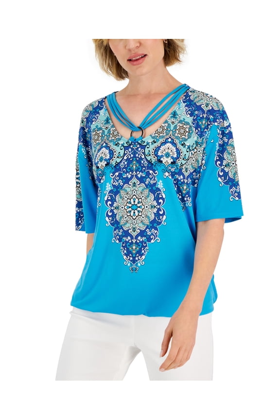 Women's Trinity Geo-Print Ring-Hardware Top Electric Sea Combo XL