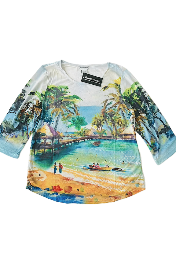 Women's Tropical Beach Blouse Top 3/4 Sleeve Stud Applique Cruise/Resort Wear SIZE: SM-PETITE