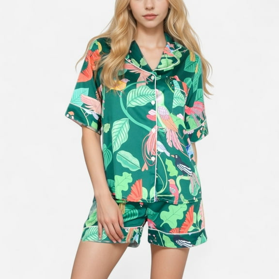 Women's Tropical Bird Print Satin Pajama Set with Short Sleeve Button-Up Top and Relaxed Fit Elastic Waist Shorts - Green, Medium