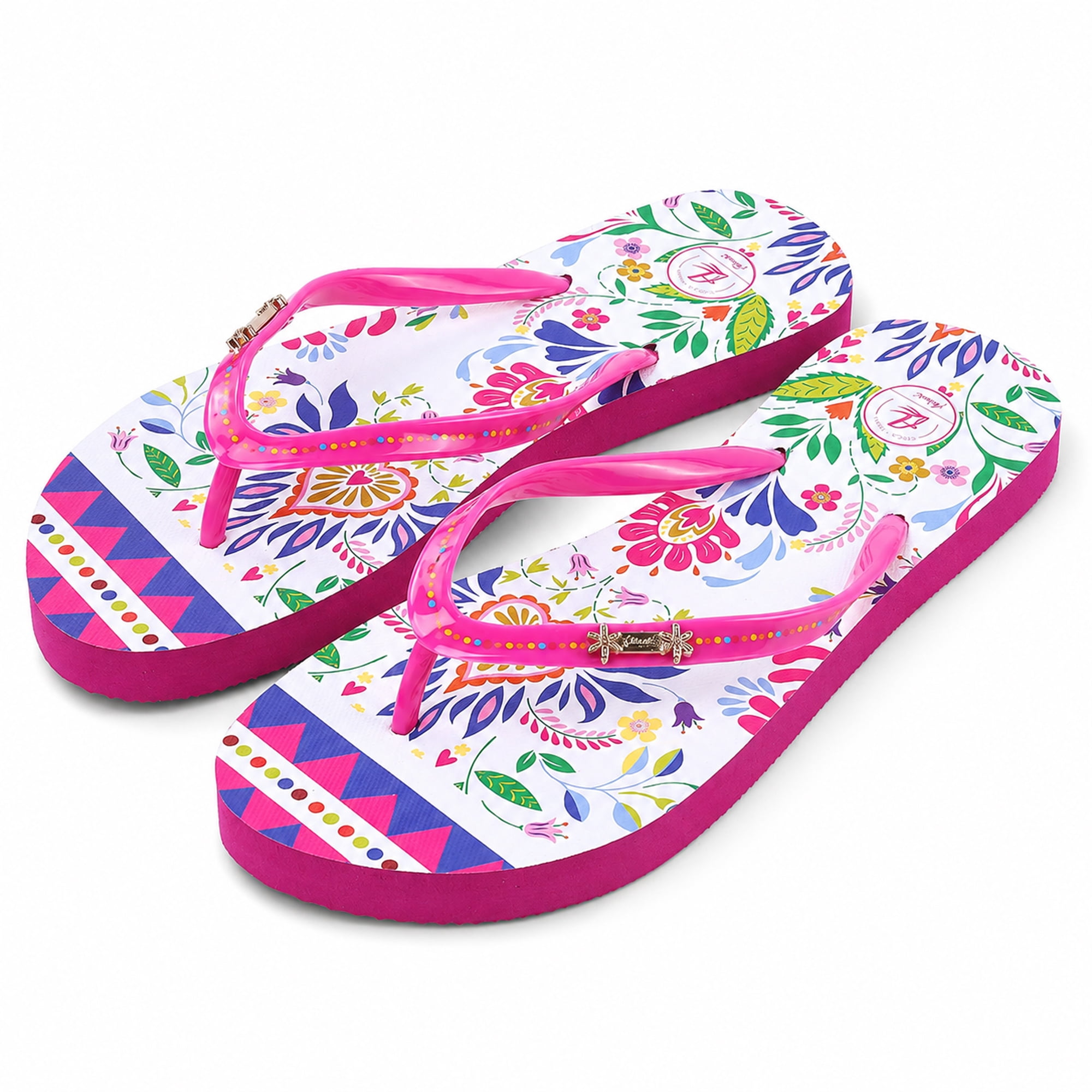 Women’s Tropical Flip Flops, Lightweight Summer Thong Sandals, Floral Beach Pool Vacation Shoes with Pink Strap