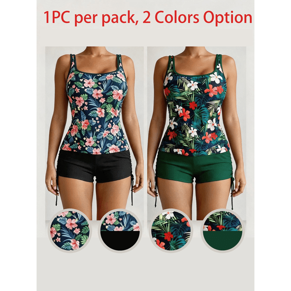 Women's Tropical Floral Print Two Piece Tankini Swimsuit, U Neck Tank Top & Drawstring Boyleg Swim Shorts Conservative Bathing Suit, 2 Colors Available