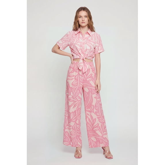 Women's Tropical Leaf Print Crepe Knit Wide Leg Pants