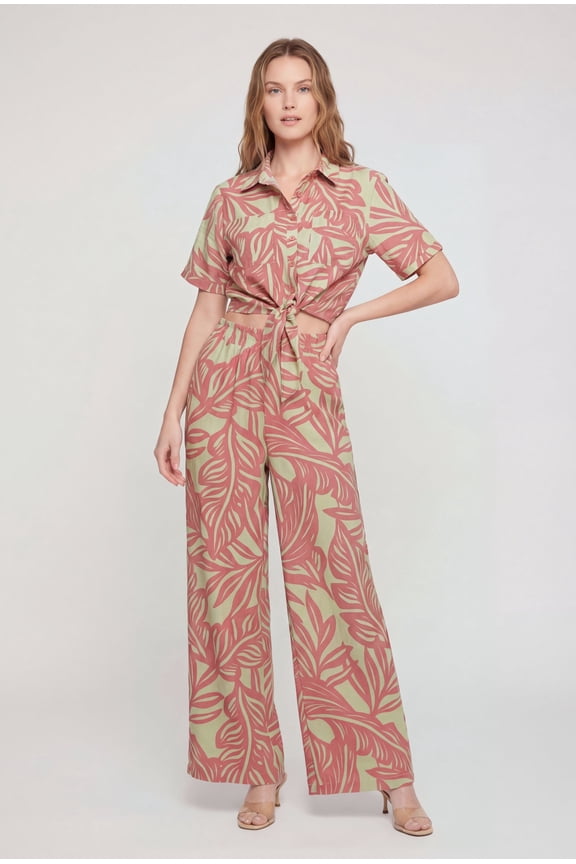 Women's Tropical Leaf Print Crepe Knit Wide Leg Pants