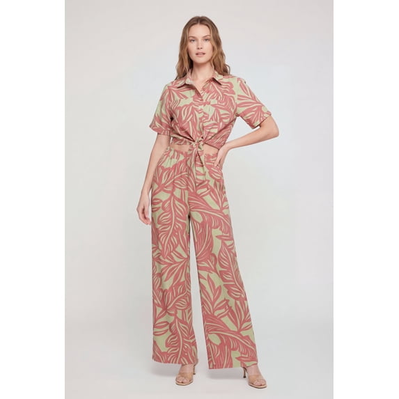 Women's Tropical Leaf Print Crepe Knit Wide Leg Pants