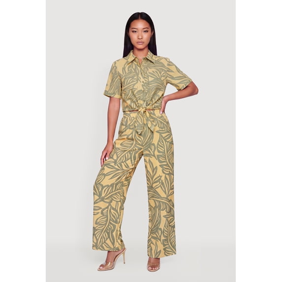 Women's Tropical Leaf Print Crepe Knit Wide Leg Pants