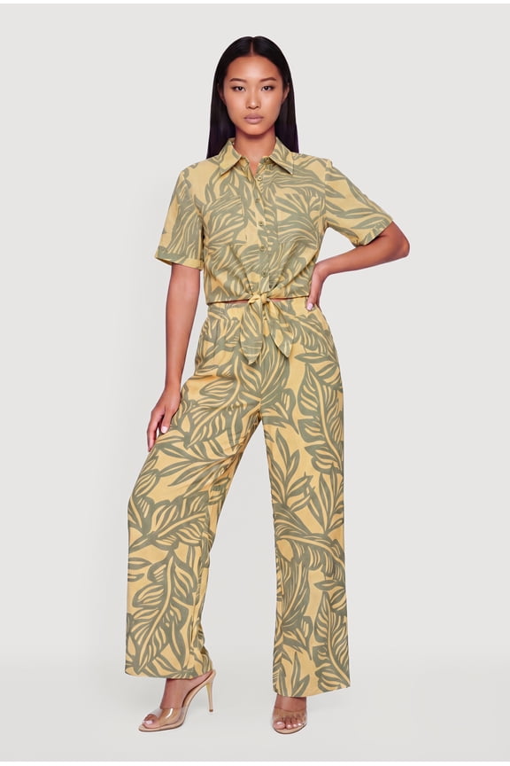 Women's Tropical Leaf Print Crepe Knit Wide Leg Pants