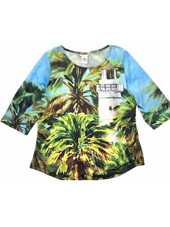 Women's Tropical Lighthouse Blouse Top 3/4 Sleeve Jewel Applique Cruise/Resort Wear SIZE: XL-PETITE