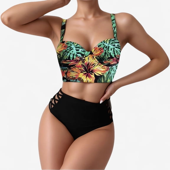 Women's Tropical Print Longline Bikini Top with High Waist Bottom and Lattice Side Details - Large, Black