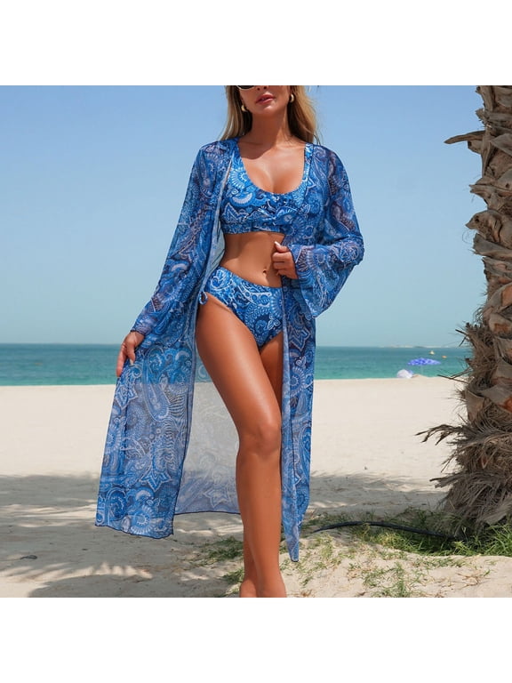 Women's Tropical Print Sheer Open Front Kimono Cover-Up, Long Sleeve Maxi Beach Cardigan, Lightweight Swimwear for Pool, Vacation and Casual Wear Blue b XXL