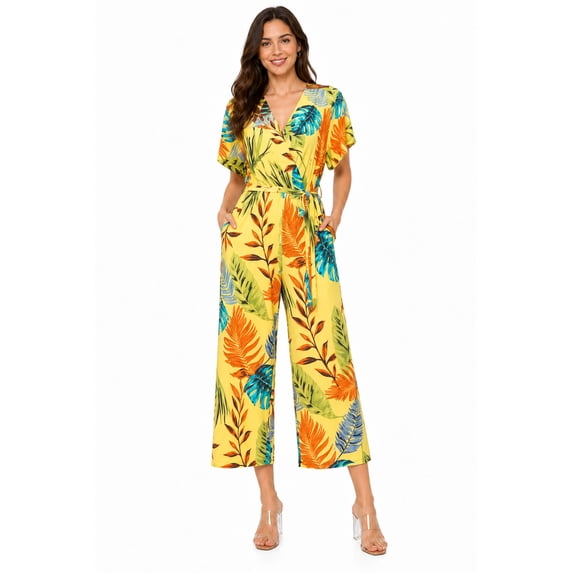 Women's Tropical Print Short Sleeve Wide Leg Jumpsuit with Tie Waist Detail Yellow S